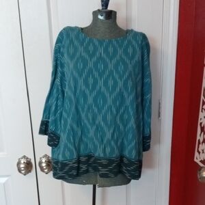 Teal Patterned Long-Sleeve Women's Top